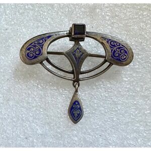 Antique Arts & Crafts Era Pin 800 Silver w/ Blue Enamel and Blue sapphire